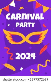 Carnival party poster concept. Face mask for masquerade. Colorful ribbons, feathers and decorative flags. Greeting and invitation postcard. Social media cover. Cartoon flat vector illustration