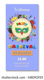 Carnival party poster design. Flyer or invitation template. Funfair ticket vector illustration