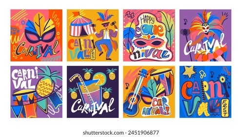 Carnival party poster. Festival costume and mask. Circus fair. Music concert. Brazilian fest background. Cocktail bar. People festive dance. Happy man and woman. Abstract banners vector design set