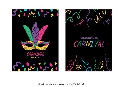 Carnival party poster, flyer. Happy Purim. Mardi gras carnival and festival. Colorful template with confetti and masks and place for text. Vector.