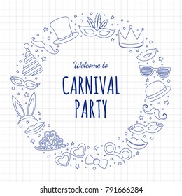 Carnival Party - poster with hand drawn element on a checked paper. Vector.	
