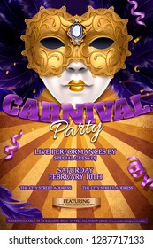 Carnival party poster with mysterious mask on striped background in 3d illustration