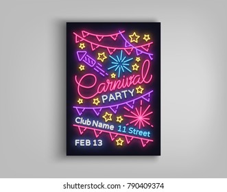 Carnival party poster in neon style. Neon sign, design template, bright brochure, night light poster. Bright neon advertising for carnival, masquerade, dance party, musical party. Vector illustration