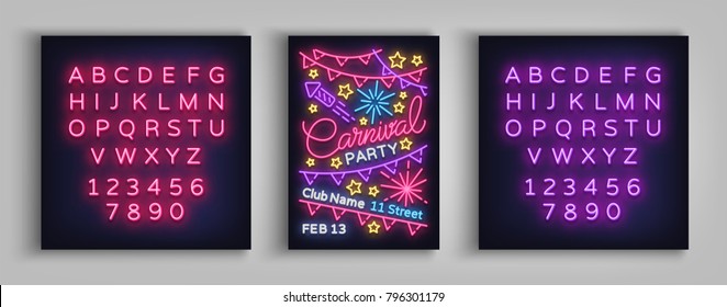 Carnival party poster in neon style. Neon sign, design template, brochure, night light poster. Bright neon advertising for carnival, masquerade, party. Vector illustration. Editing text neon sign