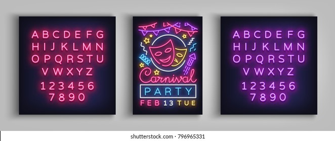 Carnival party poster in neon style. Neon sign, design template, brochure, night light poster. Bright neon advertising for carnival, masquerade, party. Vector illustration. Editing text neon sign