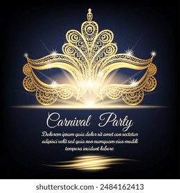 Carnival party poster template. Venetian golden mask in glowing lights isolated vector illustration