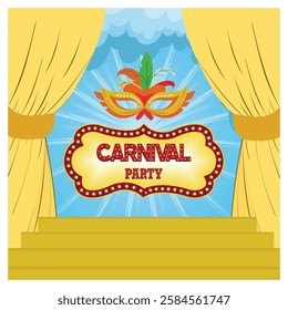 Carnival Party. Premium Gold Curtains stage with Circus Frame Border. Cloud and Hanging Carnival Mask, Happy Clown. Flat vector modern illustration 