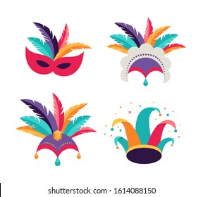 Carnival, party, Purim background. Masks, clown hat, dancer headdress