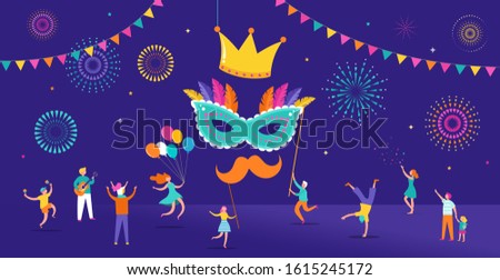 Carnival, party, Purim background with tiny, miniature people, families, kids and young adults jumping, dancing and celebrating.