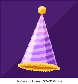 Carnival and party purple striped cone, carnival elegant costume part in cartoon style, vector decorative object for parties and festivals.
