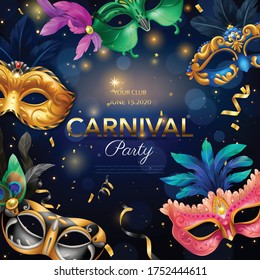 Carnival party realistic poster with masquerade event symbols vector illustration