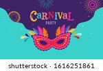 Carnival, party, Rio Carnaval, Purim background with confetti, music instruments, masks, clown hat and fireworks. Vector illustration