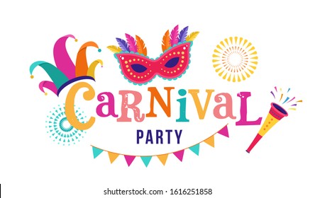 Carnival, party, Rio Carnaval, Purim background with confetti, music instruments, masks, clown hat and fireworks. Vector illustration