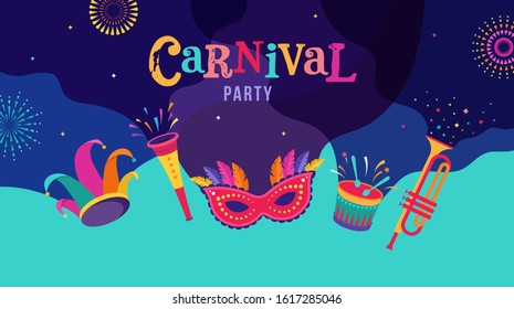 Carnival, Party, Rio Carnaval, Purim Background With Confetti, Music Instruments, Masks, Clown Hat And Fireworks. Vector Illustration