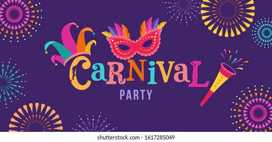 Carnival, party, Rio Carnaval, Purim background with confetti, music instruments, masks, clown hat and fireworks. Vector illustration