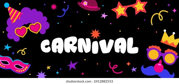 Carnival, party, Rio Carnaval, Purim background with confetti, music instruments, masks, clown hat and fireworks. Vector illustration