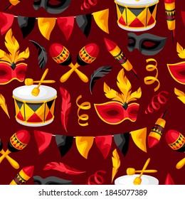 Carnival party seamless pattern with celebration icons, objects and decor. Illustration for traditional holiday or festival.