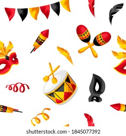 Carnival party seamless pattern with celebration icons, objects and decor. Illustration for traditional holiday or festival.
