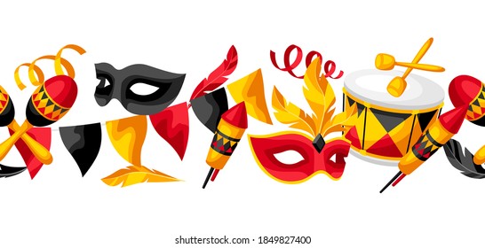 Carnival party seamless pattern with celebration icons, objects and decor. Illustration for traditional holiday or festival.
