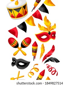 Carnival party seamless pattern with celebration icons, objects and decor. Illustration for traditional holiday or festival.
