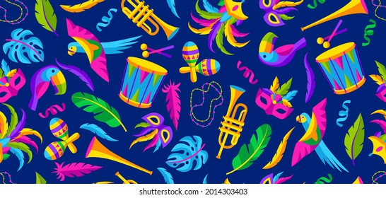 Carnival party seamless pattern with celebration icons, objects and decor. Mardi Gras background for traditional holiday.