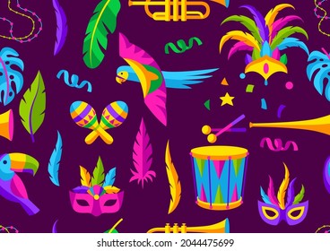 Carnival party seamless pattern with celebration icons, objects and decor. Mardi Gras background for traditional holiday.