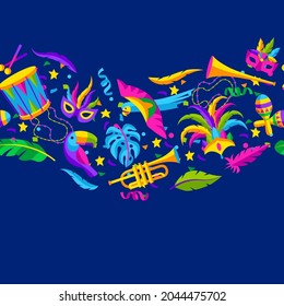 Carnival party seamless pattern with celebration icons, objects and decor. Mardi Gras background for traditional holiday.