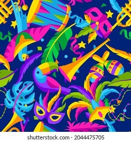 Carnival party seamless pattern with celebration icons, objects and decor. Mardi Gras background for traditional holiday.