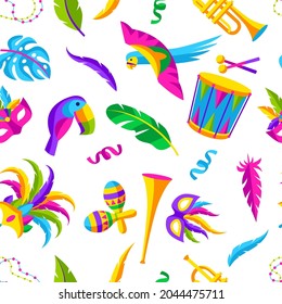 Carnival party seamless pattern with celebration icons, objects and decor. Mardi Gras background for traditional holiday.