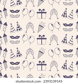Carnival party seamless pattern with celebration elements. Happy New Year party accessories vector seamless pattern.