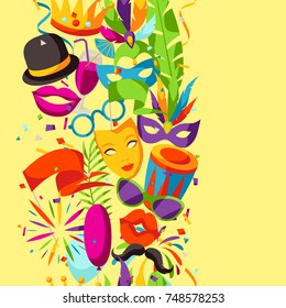 Carnival party seamless pattern with celebration icons, objects and decor.