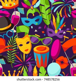 Carnival party seamless pattern with celebration icons, objects and decor.