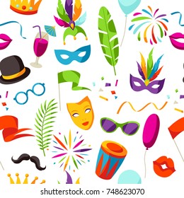 Carnival party seamless pattern with celebration icons, objects and decor.