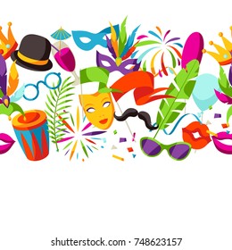Carnival party seamless pattern with celebration icons, objects and decor.