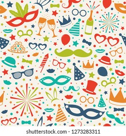 Carnival Party seamless pattern with funny elements. Vector.