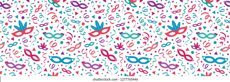 Carnival Party seamless pattern with masks and confetti. Vector.