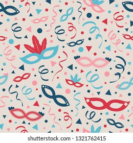 Carnival Party seamless pattern with masks and confetti. Vector.