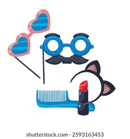 carnival party set, cat ears costumes and glasses, hand drawn vector illustration