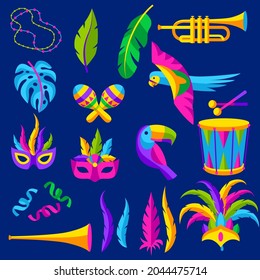 Carnival party set of celebration icons, objects and decor. Mardi Gras illustration for traditional holiday.