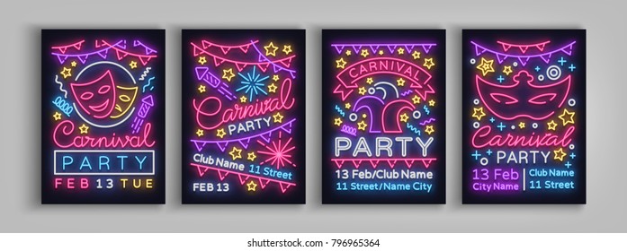 Carnival Party Is Set Of Posters In Neon Style. Collection Of Neon Signs, Design Template, Brochure, Glowing Poster. Bright Neon Advertising Of Carnival, Masquerade, Dance Party. Vector Illustration