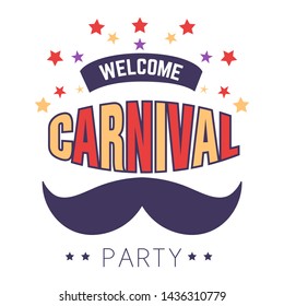 Carnival party or show isolated icon vector mustache and stars entertainment or amusement stage performance invitation emblem or logo with lettering festival or masquerade family event having fun.
