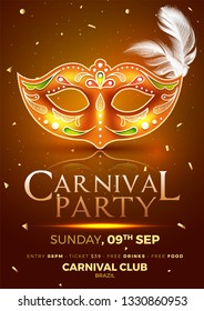 Carnival party template with decorative mask on glossy brown background with time, date and venue details.