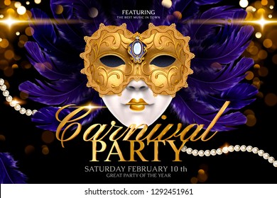 Carnival party template design with golden mask and feathers on glittering bokeh background in 3d illustration