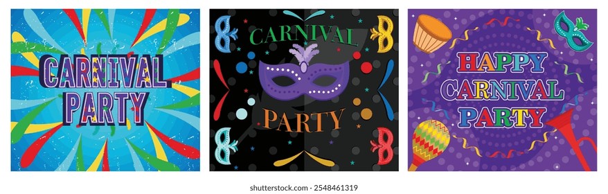 Carnival party text with colorful decoration. Brazilian carnival party celebration with masks. Musical and dance celebration. Set flat vector modern illustration 