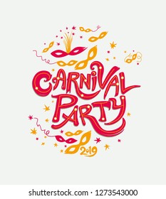 Carnival Party. Title with Colorful Masks ribbons and stars confettii. Vector themed logo Carnival 2019.
