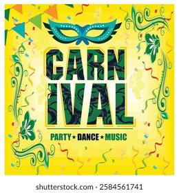 Carnival party. Traditional mask with feathers and confetti for carnival, mardi gras, festival, masquerade, parade. Flat vector modern illustration 