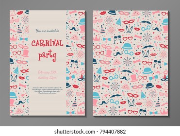 Carnival Party - two sided layout of invitation with funny icons. Vector.	
