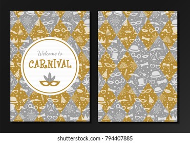 Carnival Party - two sided layout of invitation with funny icons. Vector.	
