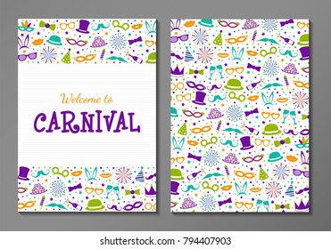 Carnival Party - two sided layout of invitation with funny icons. Vector.	
