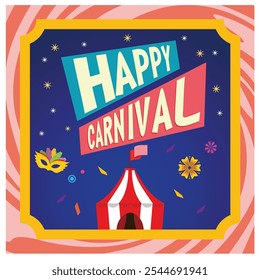 Carnival party with various rides and entertainment. Carnival celebration with circus performances. Carnival party concept. Flat vector illustration.